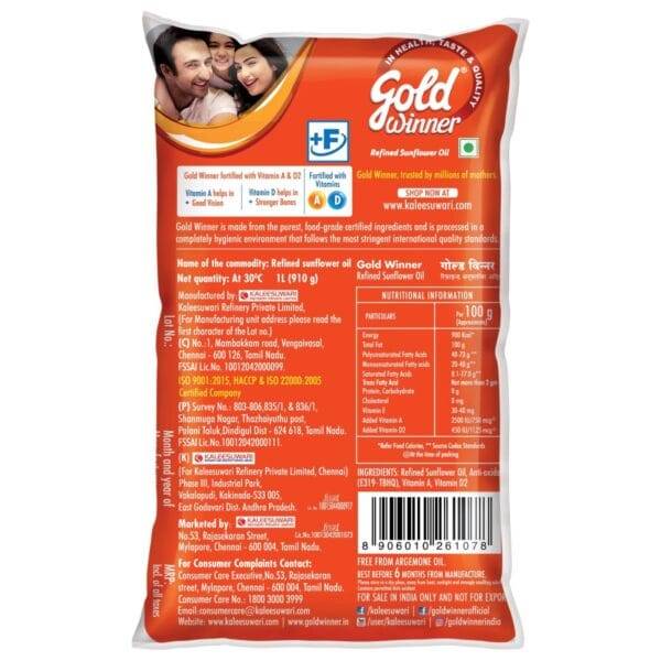 Gold Winner Refined Sunflower Oil Pouch 1Ltr - Back Side