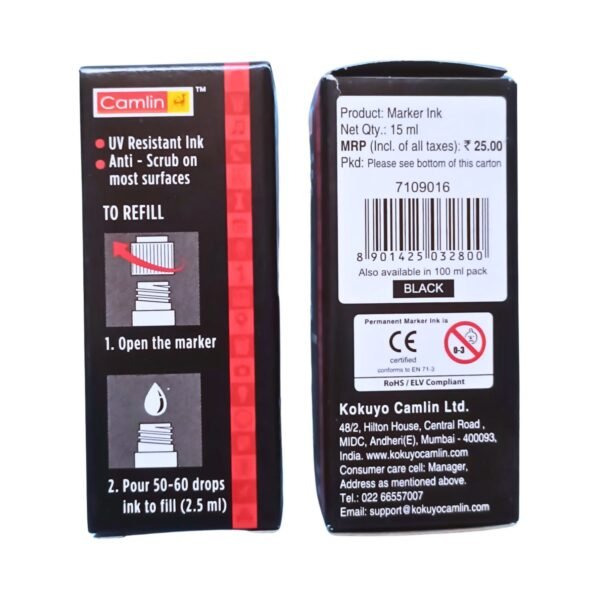 Camlin Permanent Marker Ink 15ml Black - UV Resistant