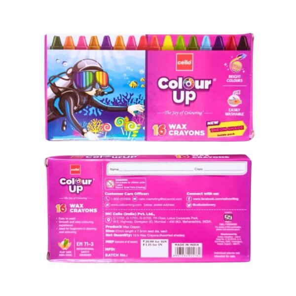 Cello Colour Up Wax Crayons - 16 Bright Shades