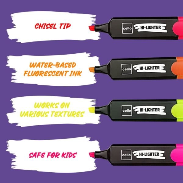 Cello Highlighter Pack of 5 - Multicolor, Chisel Tip