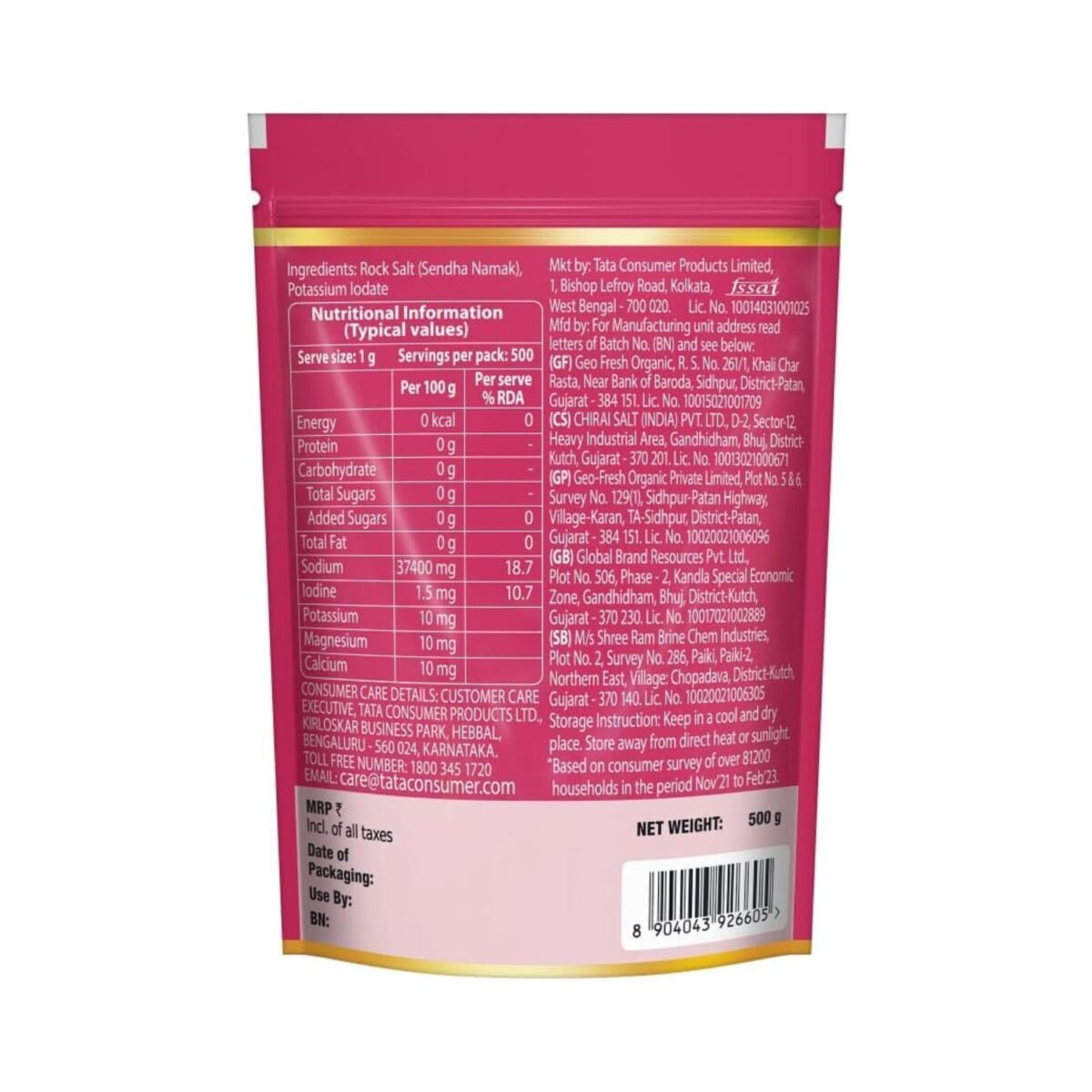 Tata Salt Himalayan Rock Salt - Back side