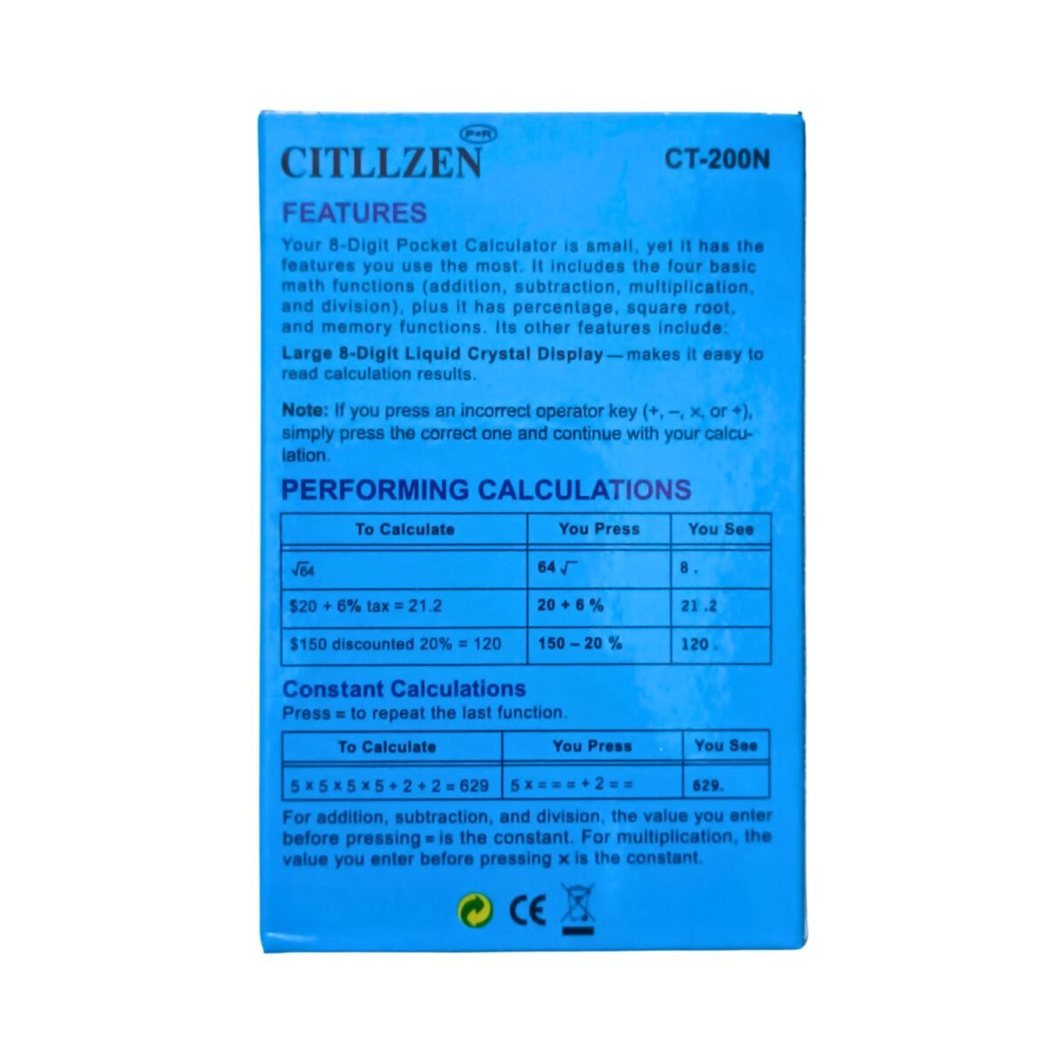 Citllzen CT-200N 8-Digit Pocket Calculator with Flip Cover